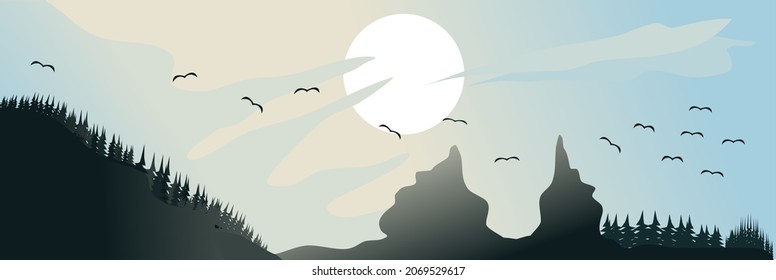 Vector illustration of birds flying at sunrise in the mountains