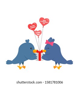 Vector Illustration of Birds with Gift, Balloons isolated on White Background. Drawing of Love Birds in Cartoon Flat Style. Concept Design with Doves or Lovebirds for Greeting Card for Valentine's Day