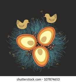 Vector illustration with birds, golden eggs, birds nest on dark background