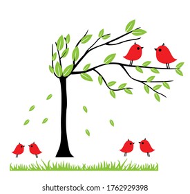 Vector illustration of Birds in a Green tree Garden