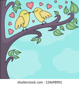 vector illustration of birds kissing on a brunch
