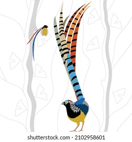 ilustración vectorial con aves y paisaje en segundo plano