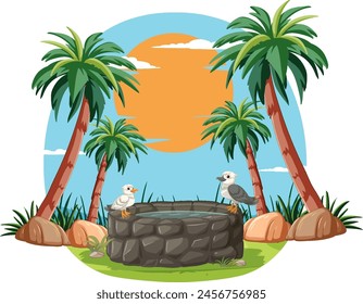 Vector illustration of birds near a well at sunset.