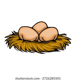 Vector illustration of a bird's nest with three light brown eggs, isolated on white background