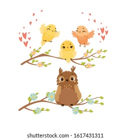 Vector illustration with birds on a branch. titmouse and owl in love. Cartoon animals decoration and decoration. Cute chickens in the hearts. Valentine's Day