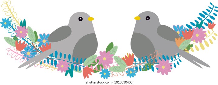vector illustration of birds on flowers and leaves without background