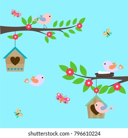Vector illustration with birds on the nest in flat style