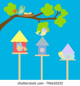 Vector illustration with birds on the nest in flat style