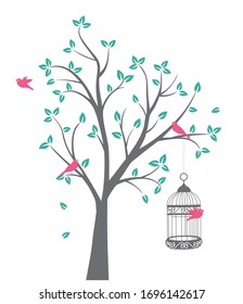 Vector illustration of Birds on a Tree. Flying Birds. Cage.