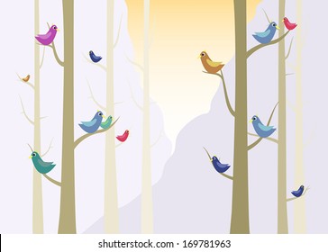 Vector illustration. Birds on tree.