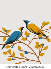 Vector illustration. Birds on the tree, design for poster, postcard, banner, package design.