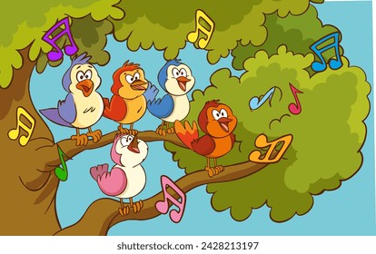 Vector illustration of birds on the tree