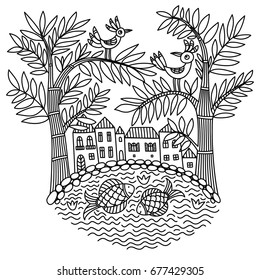 Vector illustration of birds on the tree, black and white line picture