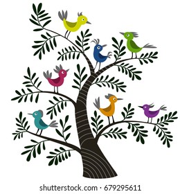 Vector illustration of birds on the tree, color picture