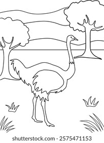 Vector illustration of Birds. Ostrich with a landscape as the background. Creativity coloring book for children