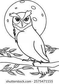 Vector illustration of Birds. A Owl with a landscape as the background. Creativity coloring book for children