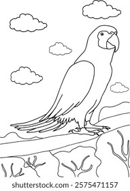 Vector illustration of Birds. A Parrot with a landscape as the background. Creativity coloring book for children