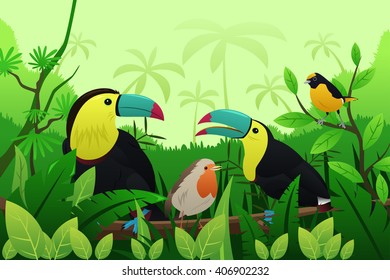 A vector illustration of birds resting on branches of tree