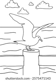 Vector illustration of Birds. A Seagull with a landscape as the background. Creativity coloring book for children