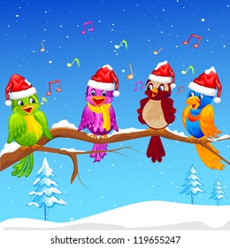vector illustration of birds singing Christmas Carol wearing Santa cap