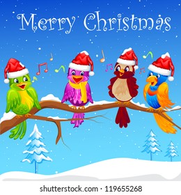 vector illustration of birds singing Christmas Carol wearing Santa cap