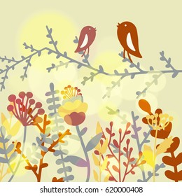 Vector illustration of birds singing on a branch