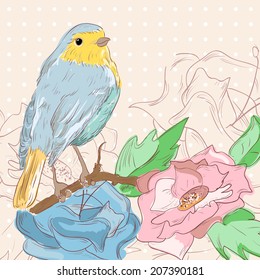 vector illustration of birds sitting on a branch with flowers. Picture in retro style, watercolor.