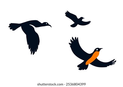 Vector illustration of birds soaring in the sky. Flat, minimalist style with bold colors, isolated on white background. Perfect for nature, wildlife, and freedom-related themes.