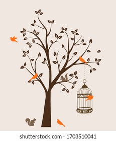 Vector illustration of Birds and Squirrel on a Tree. Flying Birds. Cage.