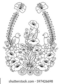 Vector illustration birds surrounded by flowers. Work done by hand. Book Coloring anti-stress for adults and children. Black and white.