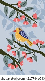 ilustración vectorial con aves, árboles y flores sobre fondo azul claro.