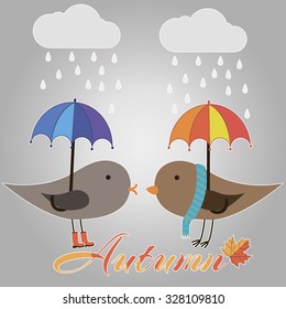 Vector illustration birds with umbrellas