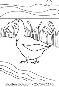 Vector illustration of Birds.A Duck with a landscape as the background. Creativity coloring book for children