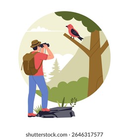 Vector Illustration of Birdwatching in the Forest. Man Observing a Bird on a Tree. Illustrations for websites, landing pages, mobile apps, posters and banners