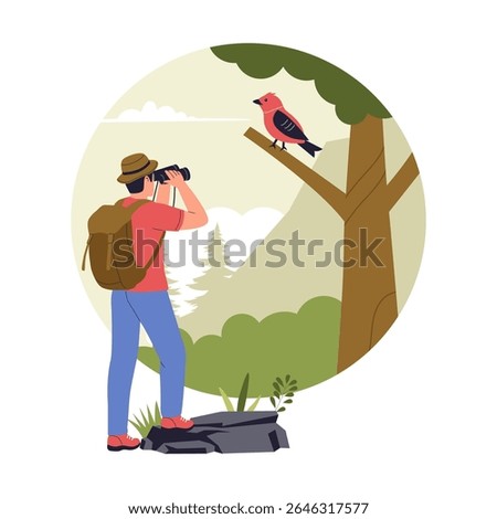 Vector Illustration of Birdwatching in the Forest. Man Observing a Bird on a Tree. Illustrations for websites, landing pages, mobile apps, posters and banners