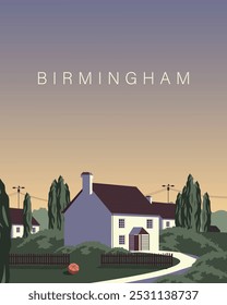 Vector illustration. Birmingham England. Travel poster, banner, postcard, cover. Modern design. Street, houses. Tourism.