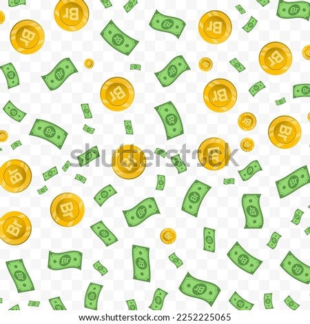 Vector illustration of birr ethiopia currency. Random pattern of banknotes and coins in green and gold colors on transparent background (PNG). 