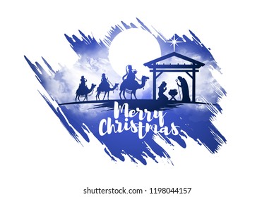 vector illustration Birth of Christ, baby Jesus reaching the Magi bear gifts, three wise kings and star of bethlehem, nativity christmas graphics design elements