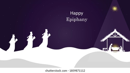 Vector illustration Birth of Christ, baby Jesus reaching the Magi bear gifts, three wise kings and star of Bethlehem, nativity Christmas graphic design.