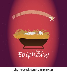 Vector illustration Birth of Christ, baby Jesus reaching the Magi bear gifts, three wise kings and star of Bethlehem, nativity Christmas graphic design.