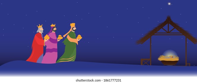 Vector illustration Birth of Christ, baby Jesus reaching the Magi bear gifts, three wise kings and star of Bethlehem, nativity Christmas graphic design.