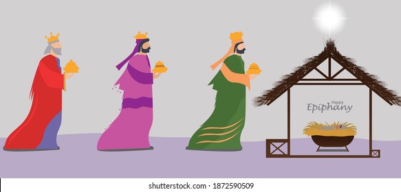 Vector illustration Birth of Christ, baby Jesus reaching the Magi bear gifts, three wise kings and star of Bethlehem, nativity Christmas graphic design.