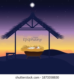 Vector illustration Birth of Christ, baby Jesus reaching the Magi bear gifts, star of Bethlehem, nativity Christmas graphic design.