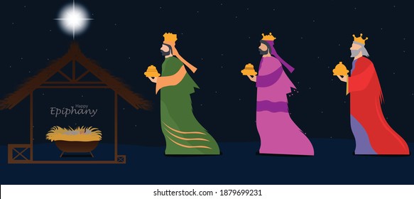 Vector illustration Birth of Christ, baby Jesus reaching the Magi bear gifts, three wise kings and star of Bethlehem, nativity Christmas graphic design.