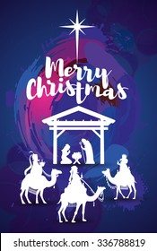 vector illustration Birth of Christ, baby Jesus reaching the Magi bear gifts, three wise kings and star of bethlehem, nativity christmas graphics design elements