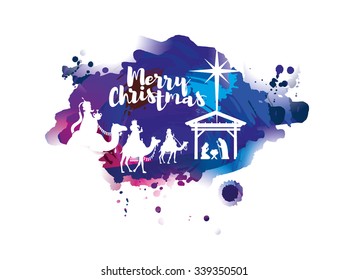 vector illustration Birth of Christ, baby Jesus reaching the Magi bear gifts, three wise kings and star of bethlehem, nativity christmas graphics design elements