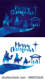 vector illustration Birth of Christ, baby Jesus reaching the Magi bear gifts, three wise kings and star of bethlehem, nativity christmas graphics design elements