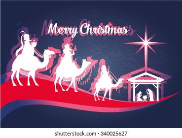 vector illustration Birth of Christ, baby Jesus reaching the Magi bear gifts, three wise kings and star of bethlehem, nativity christmas graphics design elements