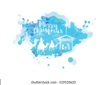 vector illustration Birth of Christ, baby Jesus reaching the Magi bear gifts, three wise kings and star of bethlehem, nativity christmas graphics design elements