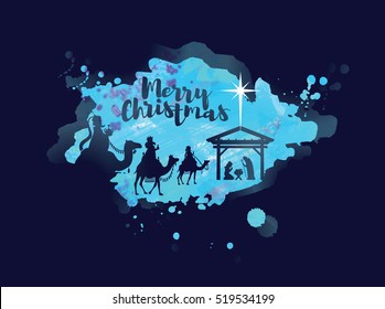 vector illustration Birth of Christ, baby Jesus reaching the Magi bear gifts, three wise kings and star of bethlehem, nativity christmas graphics design elements